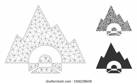 Mesh mountain tunnel model with triangle mosaic icon. Wire frame triangular mesh of mountain tunnel. Vector composition of triangle parts in different sizes, and color shades.