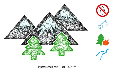 Mesh mountains forest web icon vector illustration. Carcass model is created from mountains forest flat icon. Mesh forms abstract mountains forest flat model.