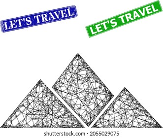 Mesh Mountains Image, And Let'S Travel Blue And Green Rectangle Unclean Seals. Mesh Carcass Image Is Created From Mountains Icon. Seals Include Let'S Travel Text Inside Rectangular Form.