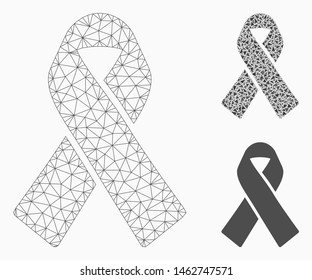 Mesh mourning ribbon model with triangle mosaic icon. Wire carcass triangular mesh of mourning ribbon. Vector collage of triangle elements in various sizes, and color tinges.