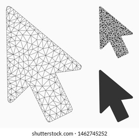Mesh mouse pointer model with triangle mosaic icon. Wire frame triangular mesh of mouse pointer. Vector mosaic of triangle parts in variable sizes, and color shades. Abstract flat mesh mouse pointer,
