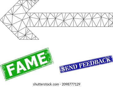 Mesh bewegen sich links Modell, und Fame blau und grünes Rechteck korrodierte Stempel Siegel. Maschenbildbild mit bewegtem linken Symbol. Stempeldichtungen enthalten den Titel des Namens innerhalb des Rechtecks.