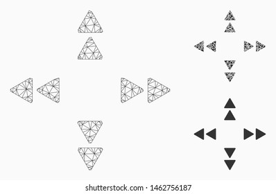 Mesh move out triangles model with triangle mosaic icon. Wire frame polygonal network of move out triangles. Vector mosaic of triangle parts in various sizes, and color tints.