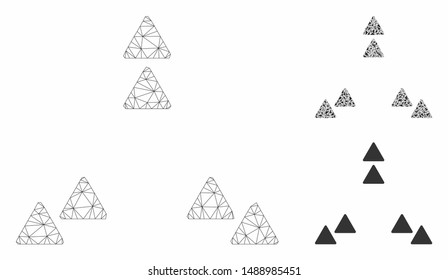 Mesh move out triangles model with triangle mosaic icon. Wire carcass triangular mesh of move out triangles. Vector mosaic of triangle parts in various sizes, and color tinges.