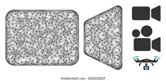 Mesh movie camera polygonal web symbol vector illustration. Carcass model is based on movie camera flat icon. Triangle mesh forms abstract movie camera flat carcass.