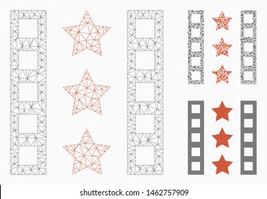 Mesh movie trailer model with triangle mosaic icon. Wire frame triangular mesh of movie trailer. Vector mosaic of triangles in variable sizes, and color hues. Abstract 2d mesh movie trailer,