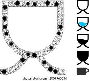 Mesh mug polygonal icon vector illustration, with black infectious elements. Carcass model is based on mug flat icon, with covid elements and triangular mesh.