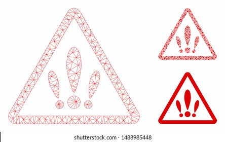 Mesh multiple problems model with triangle mosaic icon. Wire carcass triangular mesh of multiple problems. Vector mosaic of triangle elements in variable sizes, and color shades.