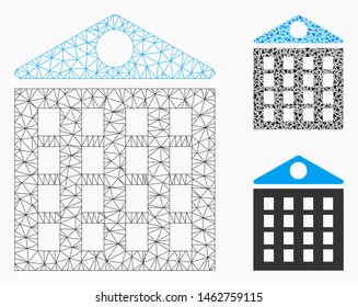 Mesh multi-storey house model with triangle mosaic icon. Wire carcass polygonal mesh of multi-storey house. Vector mosaic of triangle parts in variable sizes, and color hues.