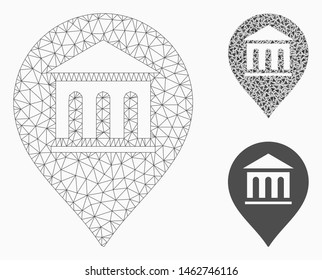 Mesh museum marker model with triangle mosaic icon. Wire frame polygonal network of museum marker. Vector mosaic of triangle elements in different sizes, and color shades.