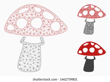 Mesh mushroom model with triangle mosaic icon. Wire frame triangular mesh of mushroom. Vector collage of triangle elements in various sizes, and color shades. Abstract flat mesh mushroom,
