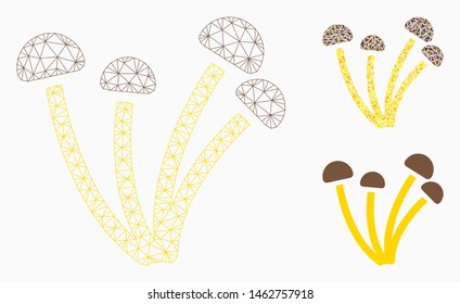 Mesh mushrooms model with triangle mosaic icon. Wire carcass triangular mesh of mushrooms. Vector mosaic of triangle elements in various sizes, and color hues. Abstract flat mesh mushrooms,