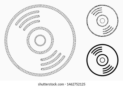Mesh music disk model with triangle mosaic icon. Wire frame triangular mesh of music disk. Vector composition of triangle parts in various sizes, and color tints. Abstract flat mesh music disk,