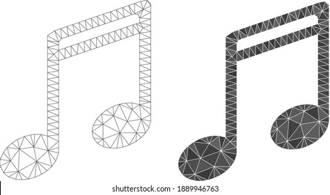 Mesh-Musik notiert polygonale Icon-Illustrationen, gefüllt und Carcass-Versionen. Vektorgitter-Noten-Symbole. Drahtkarren und gefüllte geometrische Flachnetz-Symbole auf der Grundlage von Notensymbolen.