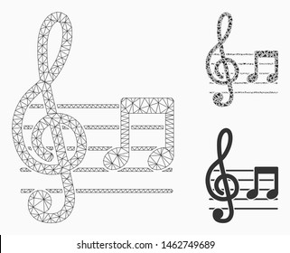 Mesh musical notation model with triangle mosaic icon. Wire frame polygonal mesh of musical notation. Vector mosaic of triangles in variable sizes, and color tones. Abstract 2d mesh musical notation,