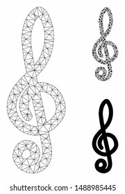 Mesh musical notation model with triangle mosaic icon. Wire carcass triangular mesh of musical notation. Vector mosaic of triangle parts in various sizes, and color shades.