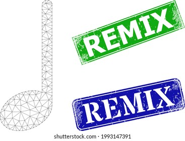 Mesh musical note model, and Remix blue and green rectangular dirty stamp seals. Mesh carcass illustration is created from musical note icon. Stamp seals include Remix text inside rectangular form.