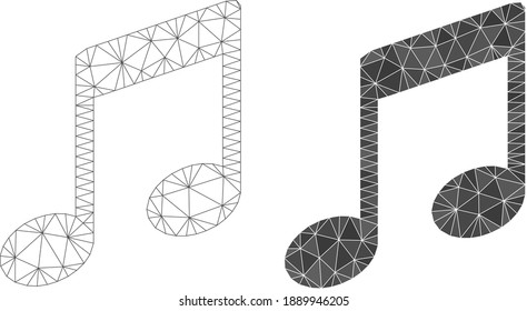 Mesh musical notes polygonal icon illustrations, filled and carcass versions. Vector net mesh musical notes icons. Linear carcass and filled 2D net geometric images based on musical notes icon.