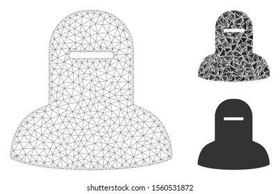 Mesh muslim hijab model with triangle mosaic icon. Wire frame polygonal mesh of muslim hijab. Vector collage of triangle parts in different sizes, and color shades. Abstract 2d mesh muslim hijab,