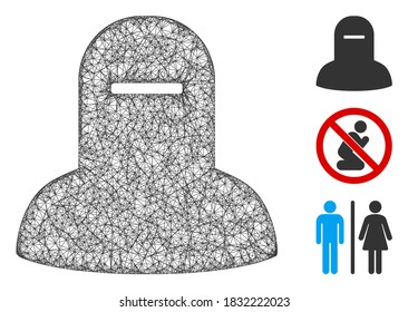 Mesh muslim hijab polygonal web icon vector illustration. Carcass model is based on muslim hijab flat icon. Triangle mesh forms abstract muslim hijab flat carcass.