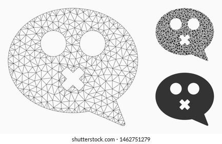 Mesh mute smiley message model with triangle mosaic icon. Wire frame triangular mesh of mute smiley message. Vector mosaic of triangle elements in various sizes, and color hues.