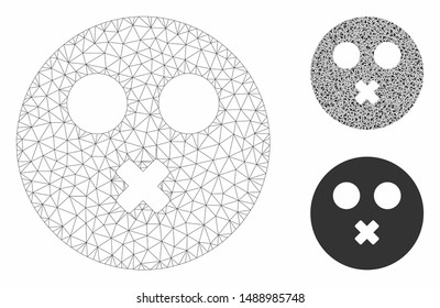 Mesh mute smiley model with triangle mosaic icon. Wire carcass polygonal mesh of mute smiley. Vector mosaic of triangle elements in variable sizes, and color tinges. Abstract flat mesh mute smiley,