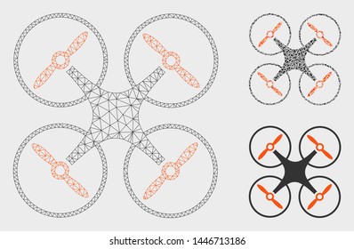 Mesh nanocopter model with triangle mosaic icon. Wire carcass triangular mesh of nanocopter. Vector mosaic of triangle parts in various sizes, and color tones. Abstract flat mesh nanocopter,