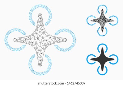 Mesh nanocopter model with triangle mosaic icon. Wire carcass triangular mesh of nanocopter. Vector mosaic of triangle elements in various sizes, and color hues. Abstract 2d mesh nanocopter,