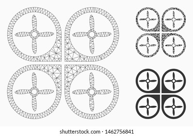 Mesh nanocopter model with triangle mosaic icon. Wire frame triangular mesh of nanocopter. Vector composition of triangle elements in various sizes, and color tones. Abstract 2d mesh nanocopter,