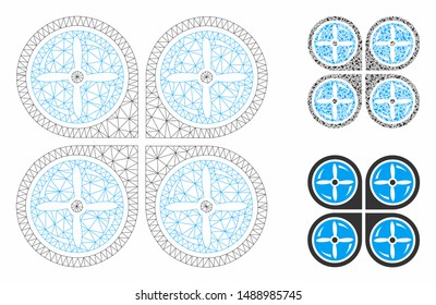 Mesh nanocopter screws rotaion model with triangle mosaic icon. Wire carcass polygonal mesh of nanocopter screws rotaion. Vector collage of triangle parts in different sizes, and color tones.