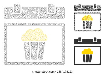 Mesh national popcorn day model with triangle mosaic icon. Wire carcass triangular network of national popcorn day. Vector mosaic of triangles in different sizes, and color hues.