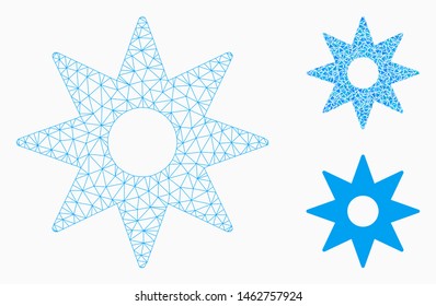 Mesh navigator star model with triangle mosaic icon. Wire carcass triangular mesh of navigator star. Vector mosaic of triangle elements in various sizes, and color tints.