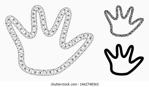 Mesh negation gesture model with triangle mosaic icon. Wire carcass polygonal mesh of negation gesture. Vector composition of triangle elements in variable sizes, and color tints.
