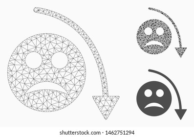 Mesh negative smiley trend model with triangle mosaic icon. Wire carcass triangular mesh of negative smiley trend. Vector mosaic of triangle parts in various sizes, and color tinges.