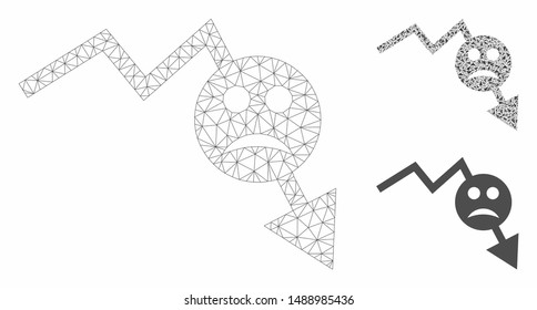 Mesh negative smiley trend model with triangle mosaic icon. Wire carcass polygonal mesh of negative smiley trend. Vector mosaic of triangle elements in different sizes, and color tones.