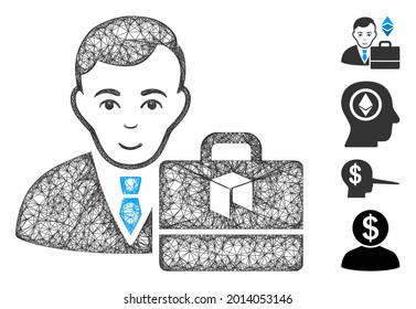 Mesh neo accounter web icon vector illustration. Carcass model is based on neo accounter flat icon. Mesh forms abstract neo accounter flat model.