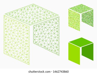 Mesh neo currency model with triangle mosaic icon. Wire carcass triangular mesh of neo currency. Vector mosaic of triangle parts in variable sizes, and color tints. Abstract 2d mesh neo currency,