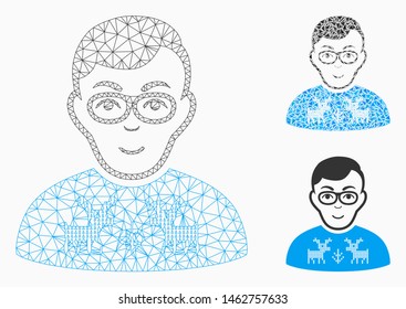 Mesh nerd boy model with triangle mosaic icon. Wire carcass polygonal mesh of nerd boy. Vector mosaic of triangle elements in variable sizes, and color shades. Abstract 2d mesh nerd boy,