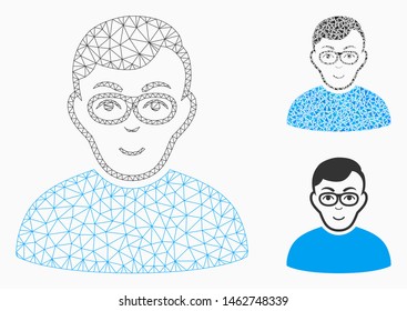 Mesh nerd man model with triangle mosaic icon. Wire carcass triangular network of nerd man. Vector mosaic of triangle parts in different sizes, and color tints. Abstract flat mesh nerd man,