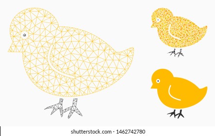 Mesh nestling chick model with triangle mosaic icon. Wire carcass triangular mesh of nestling chick. Vector mosaic of triangle parts in variable sizes, and color shades.