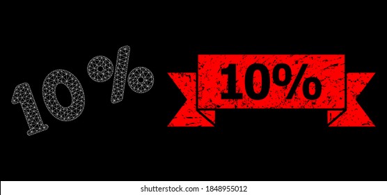 Red de malla 10 por ciento sobre un fondo negro, y imitación de sello de cinta de borrón 10%. El sello rojo tiene un 10% de etiqueta dentro de la cinta. Constelación vectorial creada a partir de un icono de 10 por ciento con malla.