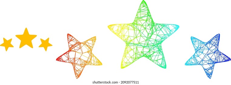 Mesh net 3 stars rate frame icon with spectrum gradient. Bright frame mesh 3 stars rate icon. Flat frame created from 3 stars rate icon and crossing lines.