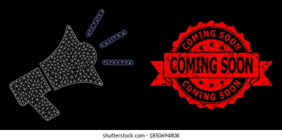 Mesh net advertising megaphone on a black background, and Coming Soon corroded ribbon stamp. Red stamp seal contains Coming Soon text inside ribbon.