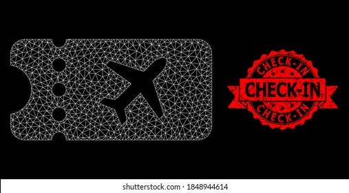 Mesh net air ticket on a black background, and Check-In grunge ribbon stamp seal. Red seal includes Check-In text inside ribbon. Vector model created from air ticket icon with mesh.