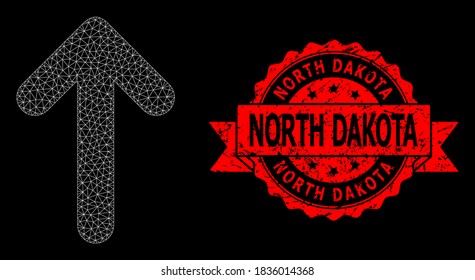 Mesh net up arrow on a black background, and North Dakota unclean ribbon seal imitation. Red seal has North Dakota text inside ribbon. Vector model created from up arrow icon with triangular net.