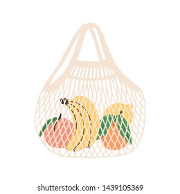 Mesh or net bag full of fruits isolated on white background. Modern shopper with fresh organic bananas, peaches, oranges and lemons from local market. Vector illustration in flat cartoon style.