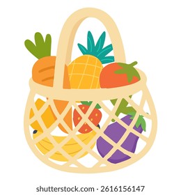 Mesh or net bag full of fruits and organic food, healthy vegetables isolated on white background. Perfect for packaging, prints, eco market branding and seasonal design
