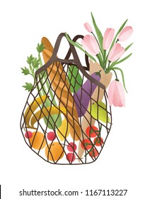 Mesh or net bag full of healthy food products isolated on white background. Trendy shopper with fresh vegetables, fruits and flowers from local market. Vector illustration in flat cartoon style.