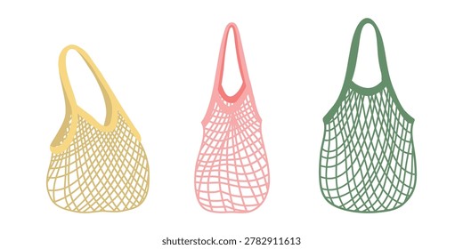 Mesh Net Bags Set. Reusable mesh net bags in colorful tones. Hand drawn grocery tote for shopping isolated on white background. Eco-friendly, zero-waste, sustainable lifestyle