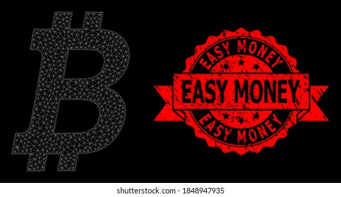 Mesh net bitcoin sobre un fondo negro, y Easy Money impuro sello de la cinta. El sello rojo tiene el título de dinero fácil dentro de la cinta. Modelo vectorial creado a partir del icono de bitcoin con red triangular.
